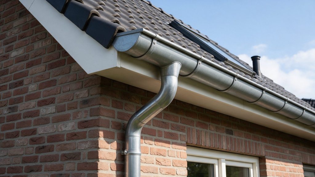Zinken dakgoot met hemelwaterafvoer aan een bakstenen woning